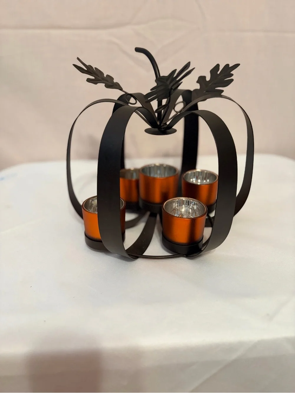 Decorative Black Pumpkin Tea Light Holder with Orange Votives
